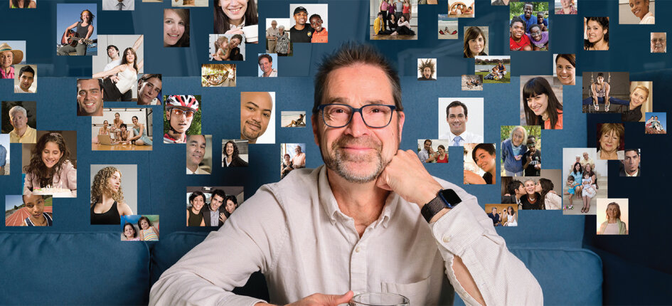 Brent Roberts seated at a table, holding a cup of coffee with snapshots of people floating around his head.