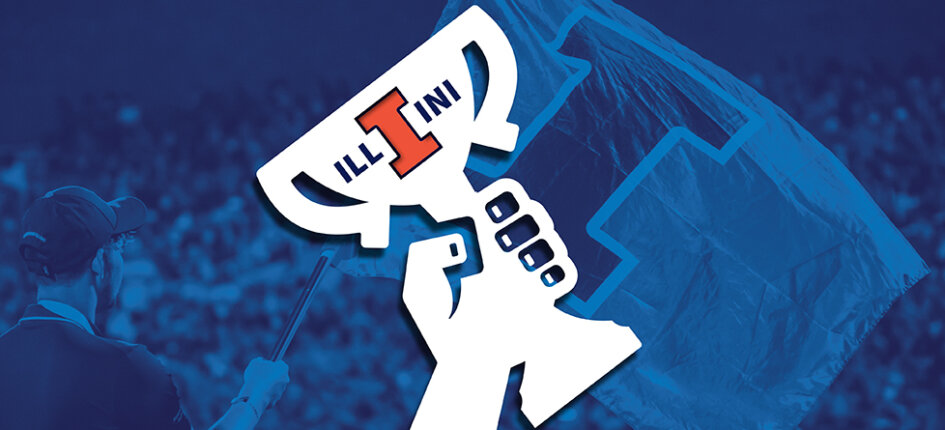 Image of a U of I flag and and illustration of a trophy