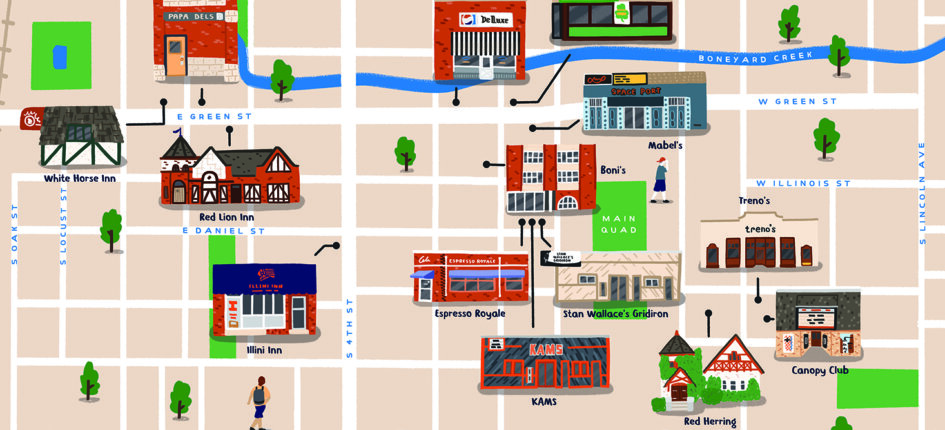 Campus map illustration highlighting noted hangout spots