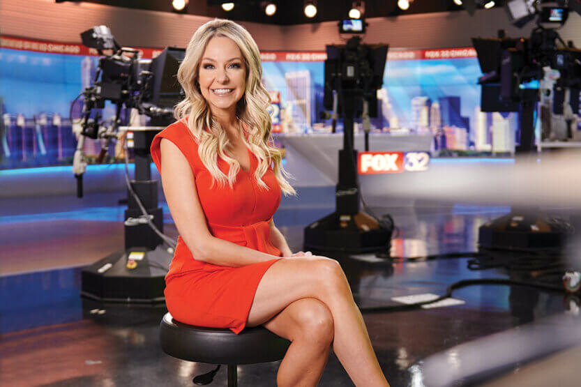 Natalie Bomke seated on set at the Fox 32 news studio
