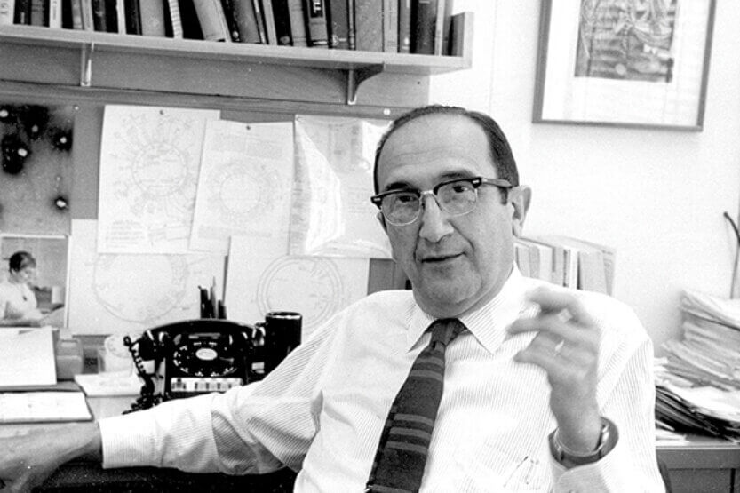 Salvador E. Luria at his office desk at MIT, circa 1969.