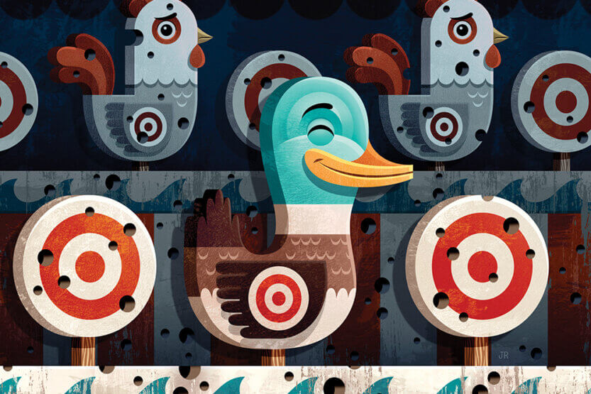 Carnival shooting gallery illustration with a smiling duck having dodged many bullets.