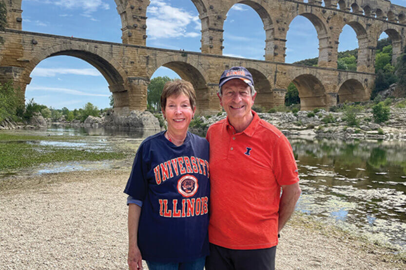 Patty Roberts and James Edwards in front of Roman aqueduct at Pont du Gard in Gard