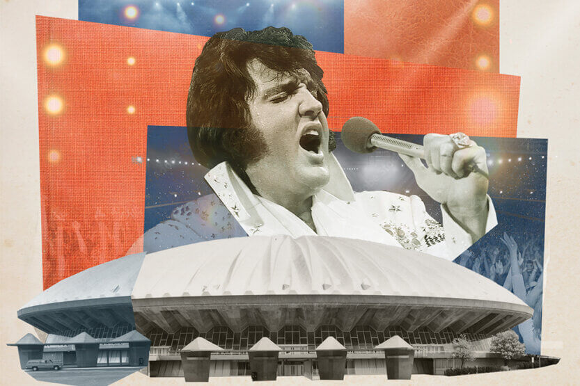Elvis singing into a microphone with orange and blue colored background