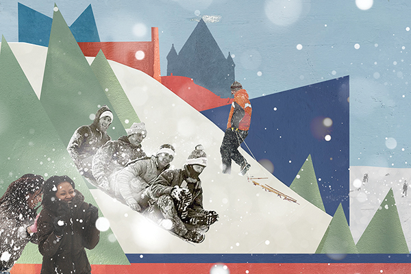 photo illustration campus sledding and snow images