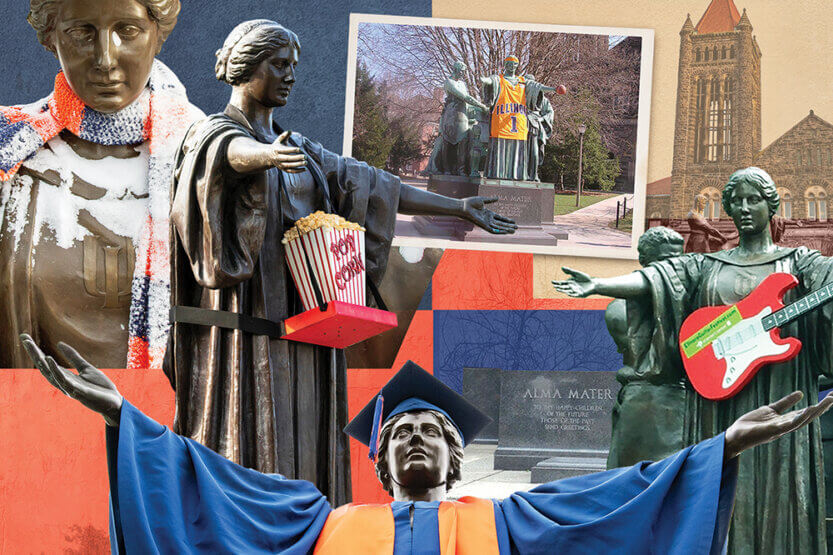 Images of a dressed-up Alma Mater statue