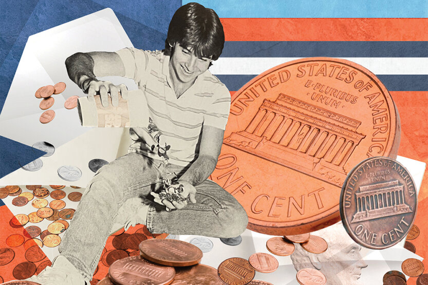 photo-illustration of Mike Hayes with pennies